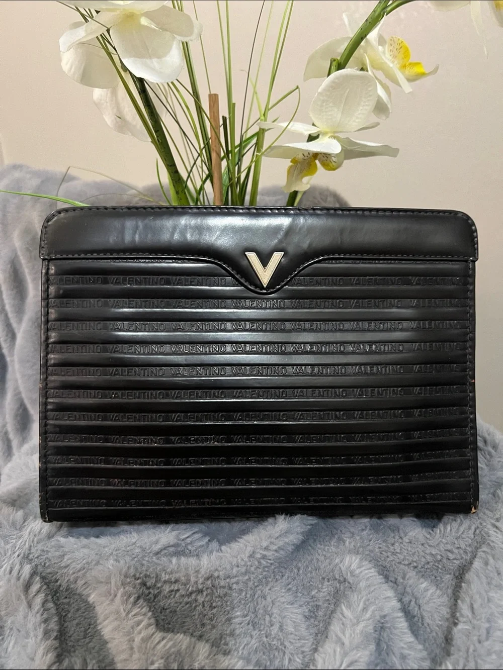 Mario Valentino Vintage Black Logo Leather Clutch GUC retail $349